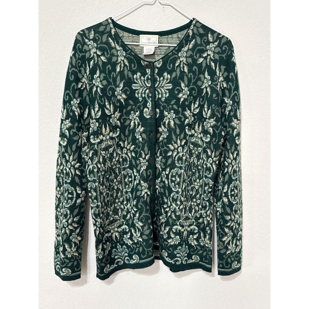 Susan Bristol Cardigan Sweater Women S Green Floral Wool Blend Vintage Damask - Picture 1 of 7